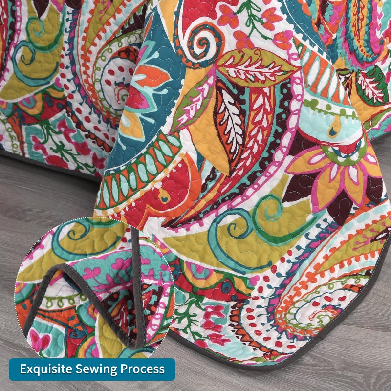 Qucover Cotton Quilt Set, Queen Size, Multicolor Paisley, Boho Style, Soft Lightweight Coverlet with 2 Pillow Shams, 90x98 Inches - Image 3